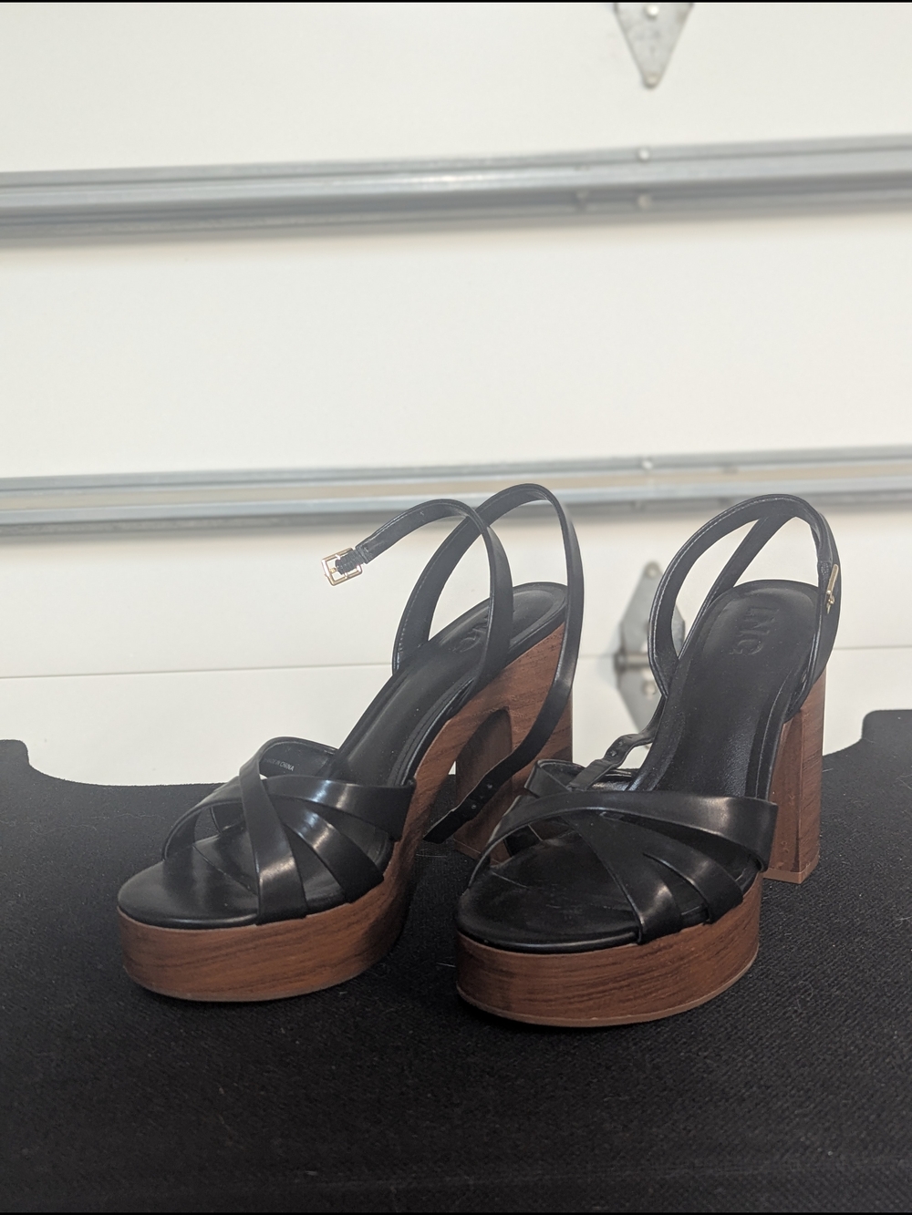 Black Leather Platform Slingback Sandals with Wood Block Heel